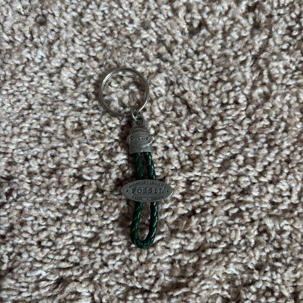 Vintage Fossil Key Ring Green Braided Leather Silver Auth Y2K 00s